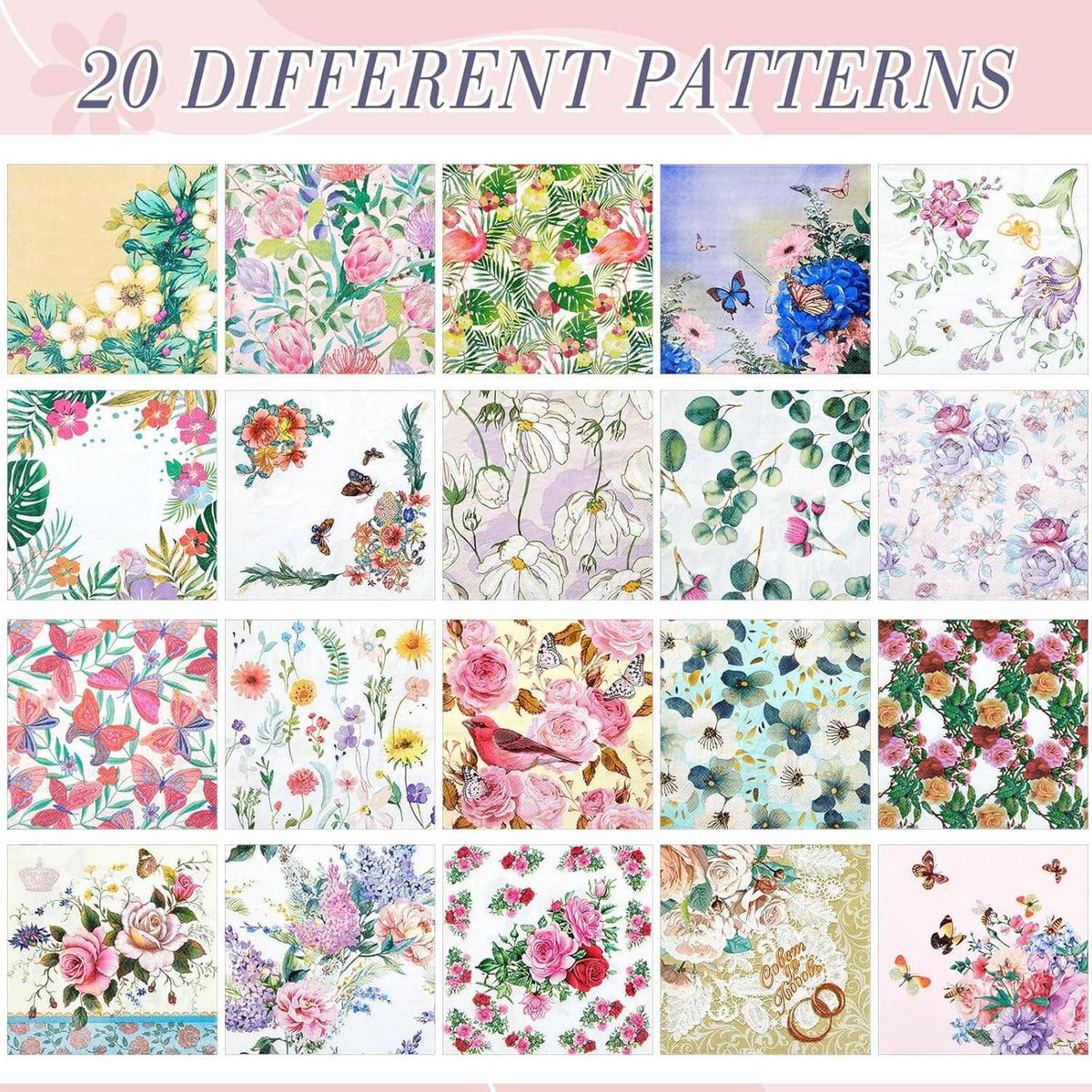 Set of 20 floral paper napkins, varied rose, leaf, butterfly, and botanical prints