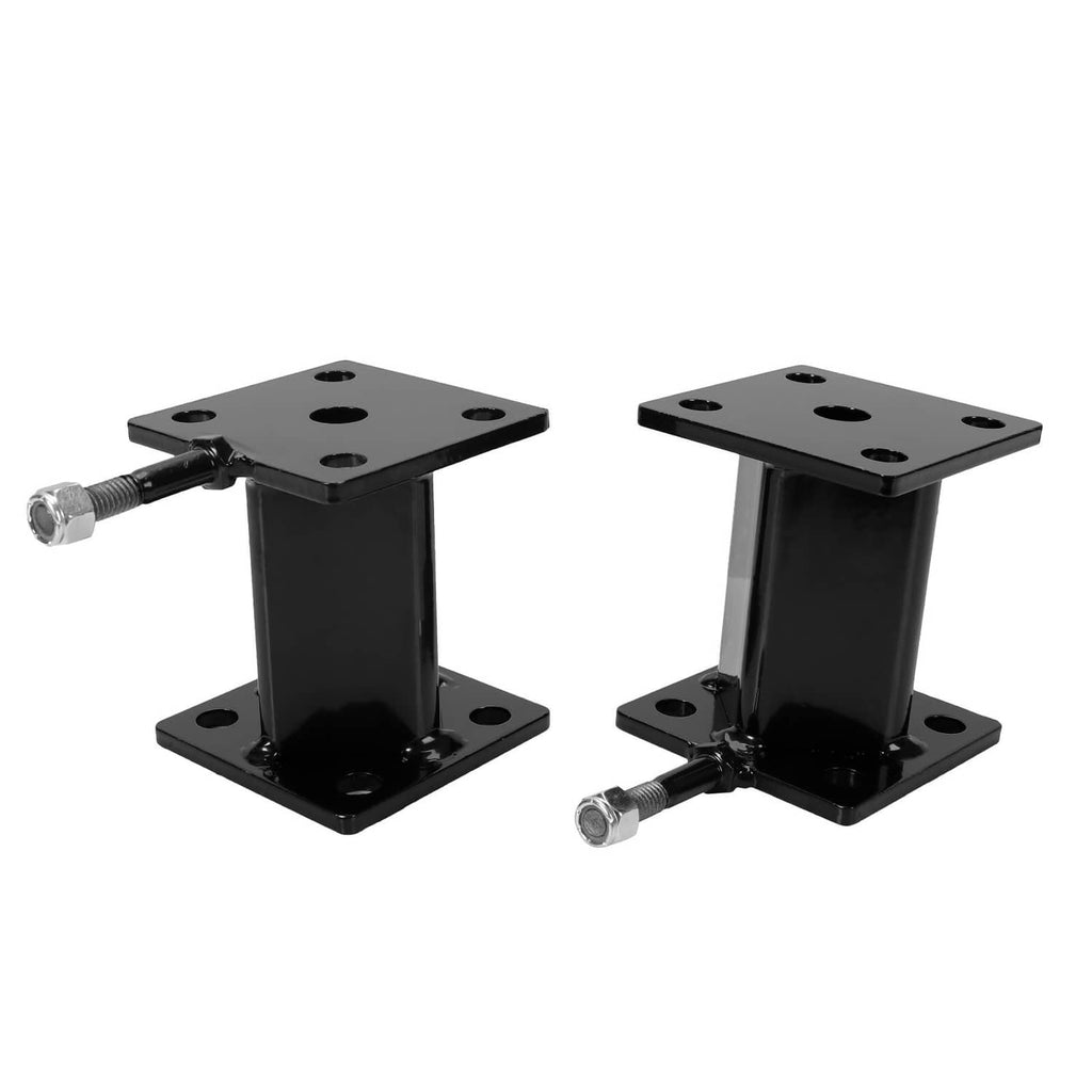 Pair of black drop axle lift brackets with bolt studs and square mounting plates