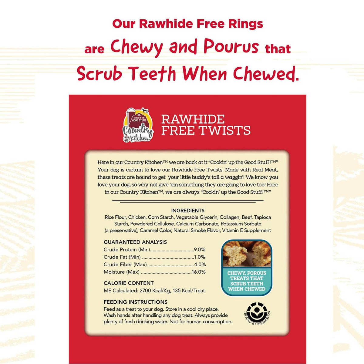 Back label for rawhide-free dog chew twists with ingredient list panel