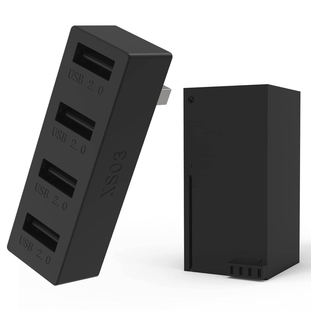 Black 4-port USB 2.0 hub with three stacked USB ports on a slim adapter