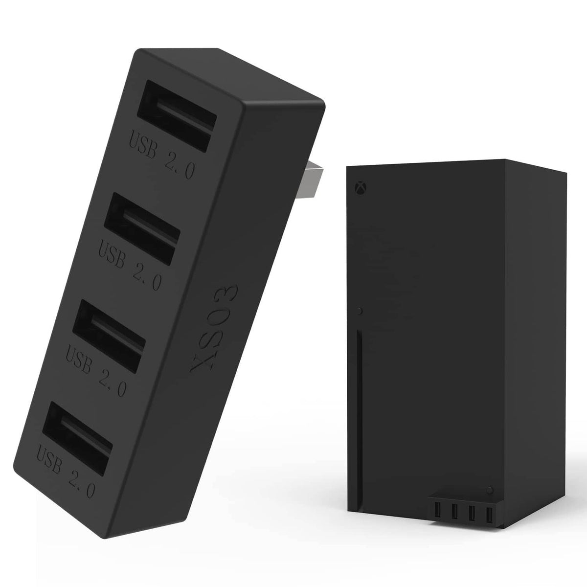 Black 4-port USB 2.0 hub with three stacked USB ports on a slim adapter