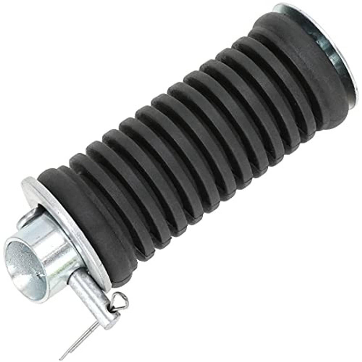 Motorcycle footpeg with black ribbed rubber sleeve and silver circular mount with pin