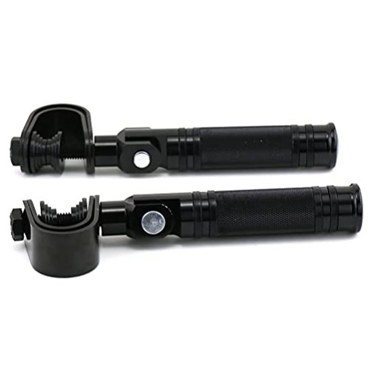 Two black foldable motorcycle highway pegs with textured grips and mounting screws
