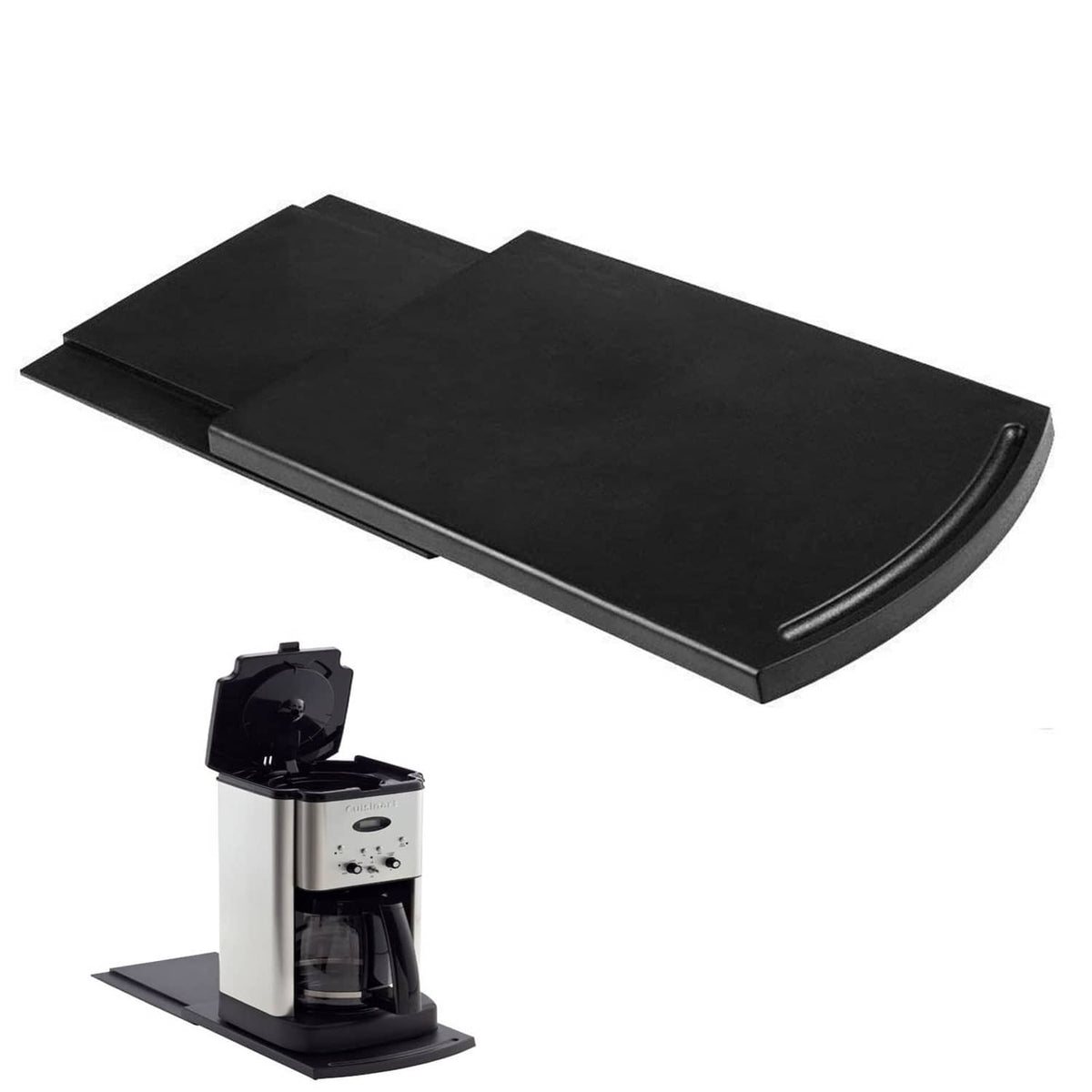 Black sliding tray mat for coffee appliances, curved handle cutout on one side