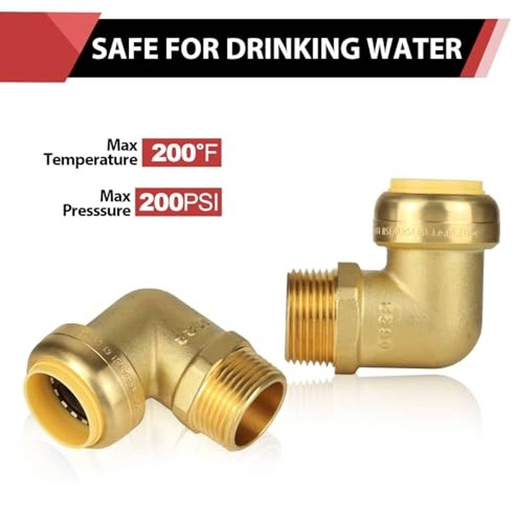 Brass push-fit elbow fitting with male NPT threads and angled push-connect end