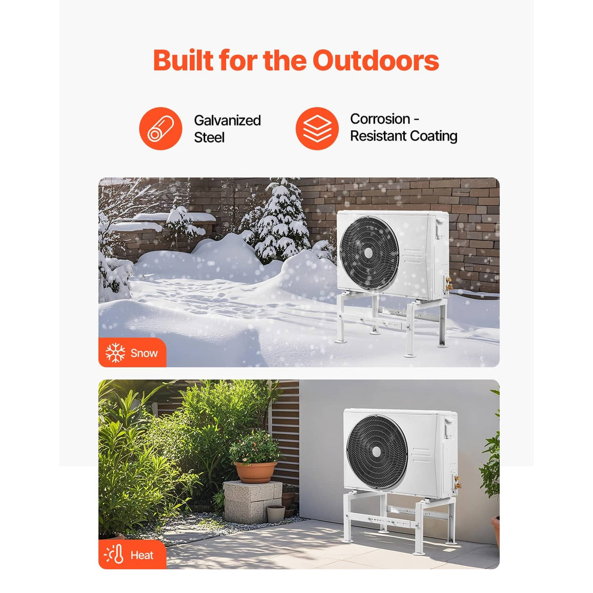 White mini split ground stand supporting an outdoor air conditioner unit