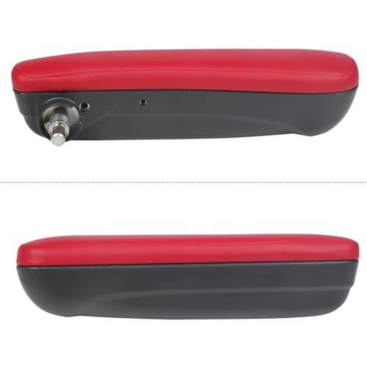 Red and black seat armrest with side mounting stud and smooth padded top