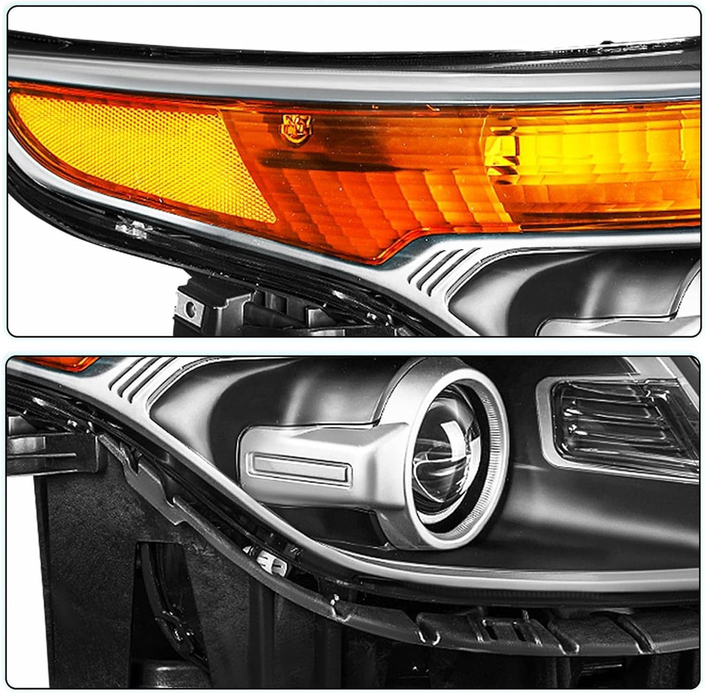 Headlight with amber reflector and chrome projector ring inside black housing