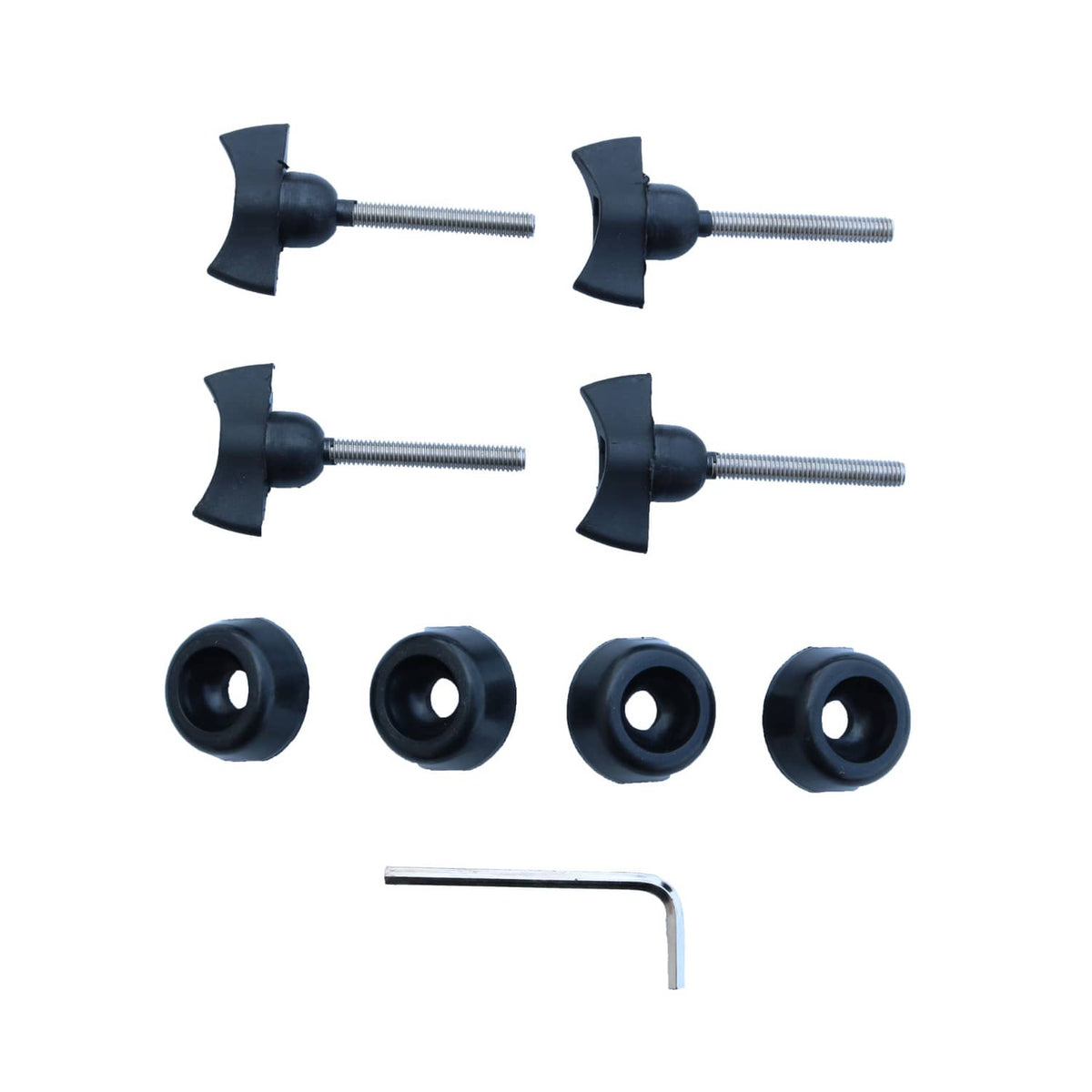 Roof rack cross bars mounting kit parts: black knobs, threaded screws, washers, hex key