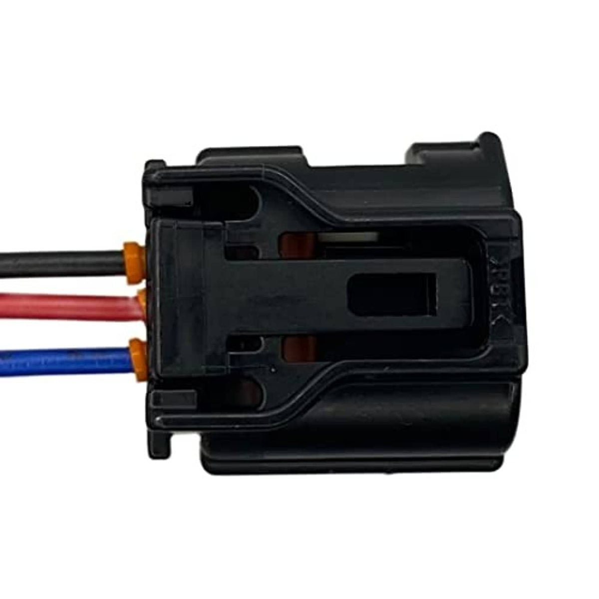 Camshaft sensor connector with multi-wire leads, black housing with red, blue, brown pins