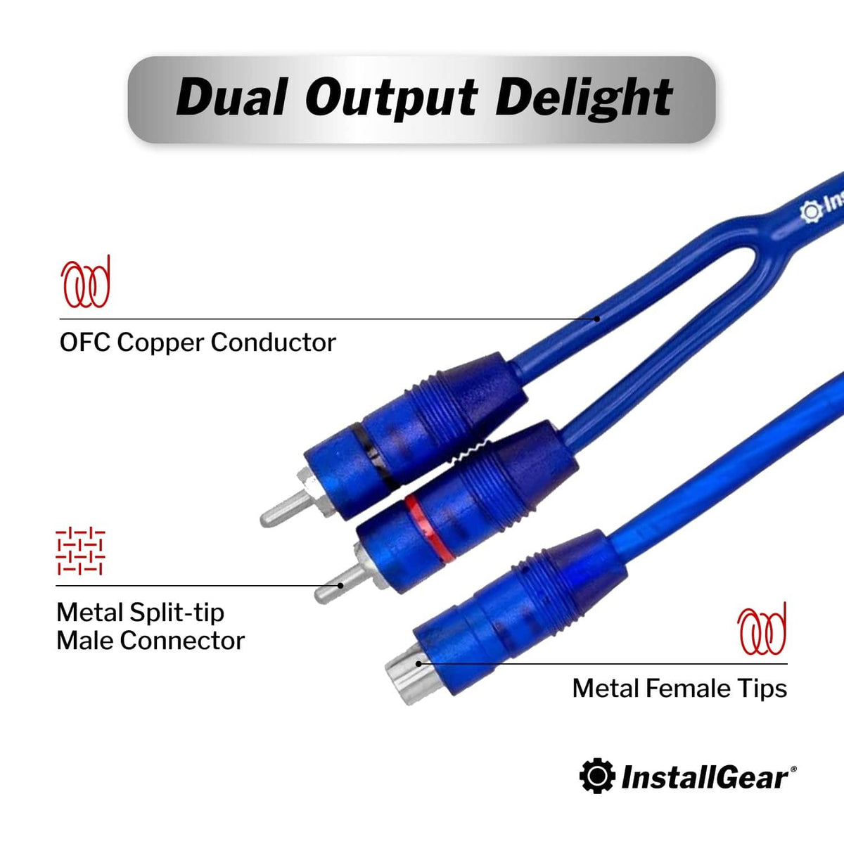 Blue shielded RCA Y-splitter adapter showing metal male and female tips with red rings