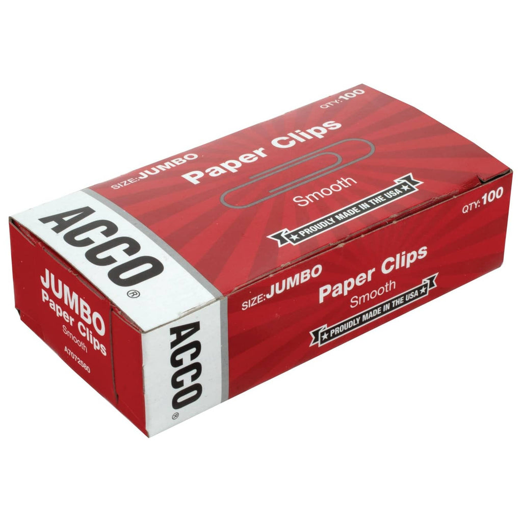 Jumbo silver smooth paper clips, 100-count box with ACCO branding