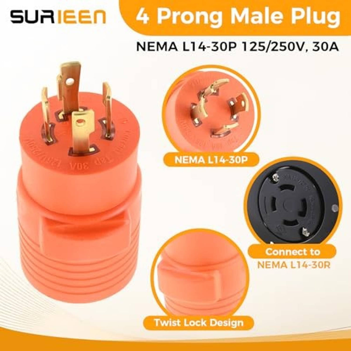 Orange 4-prong male NEMA L14-30P plug adapter showing brass contacts and locking base