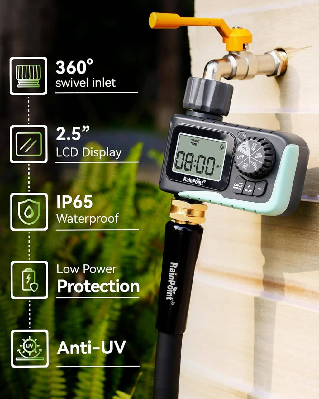 Outdoor hose timer with swivel inlet and LCD display, brass connector on hose