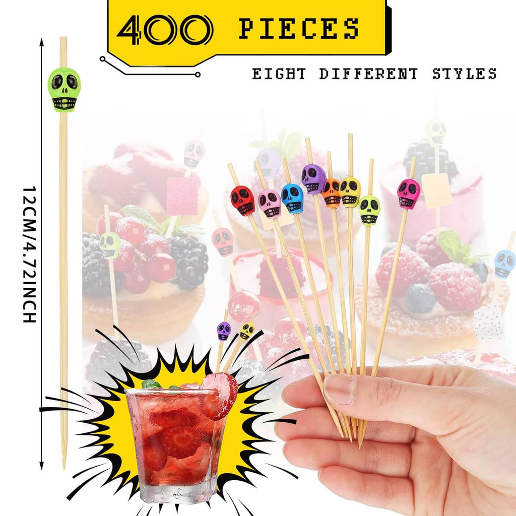 Colorful bamboo toothpicks with skull heads, shown in hand from a 400-piece set