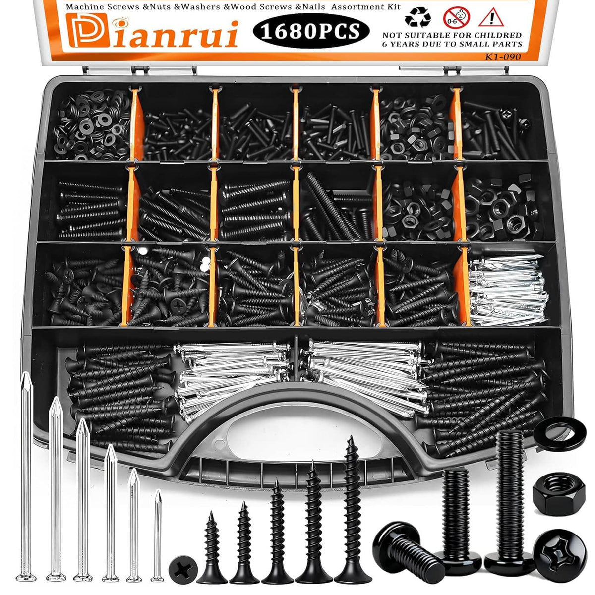 Assorted screw and nail kit in gray plastic organizer tray with black screws and nuts