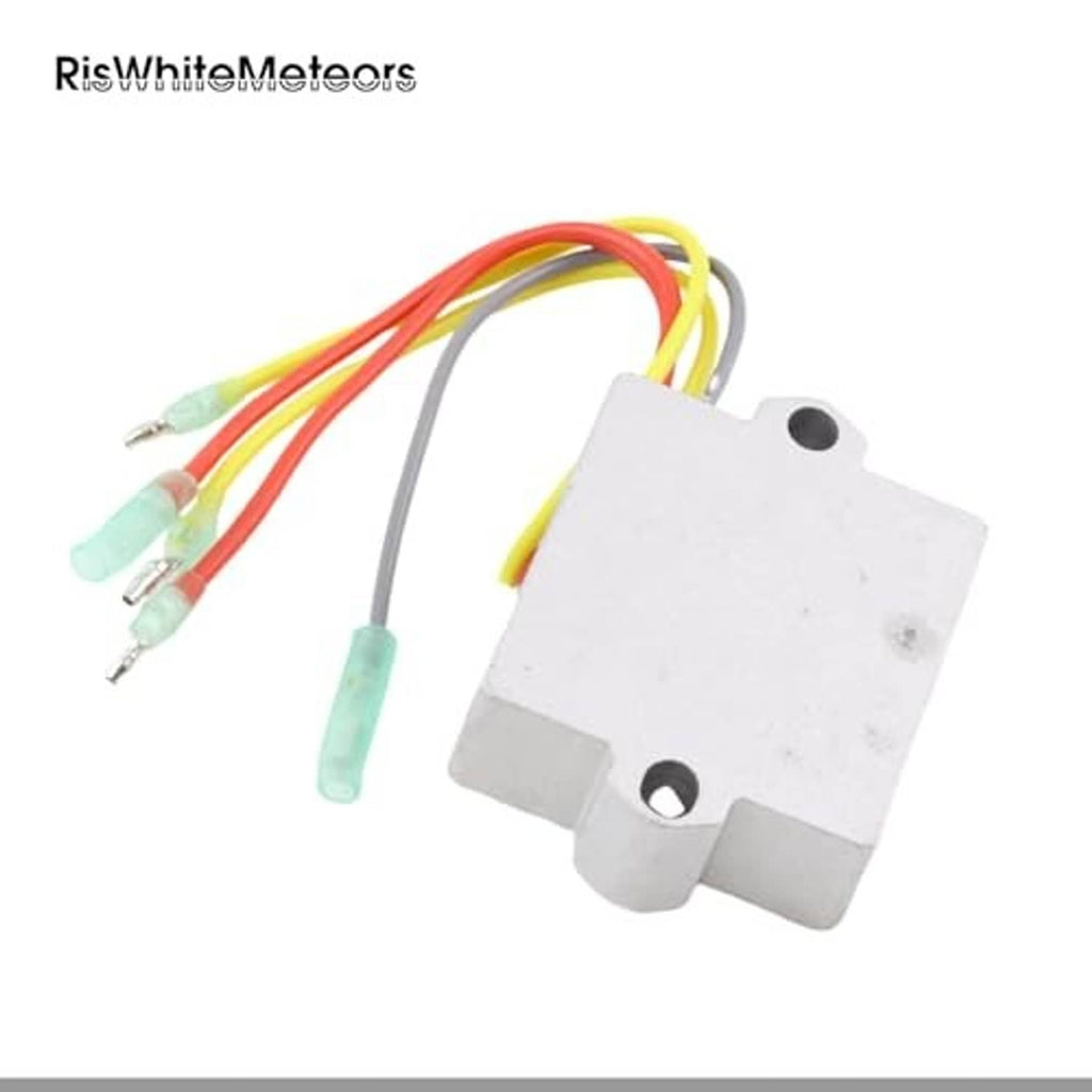Voltage regulator module with white housing and multicolor wire connectors attached