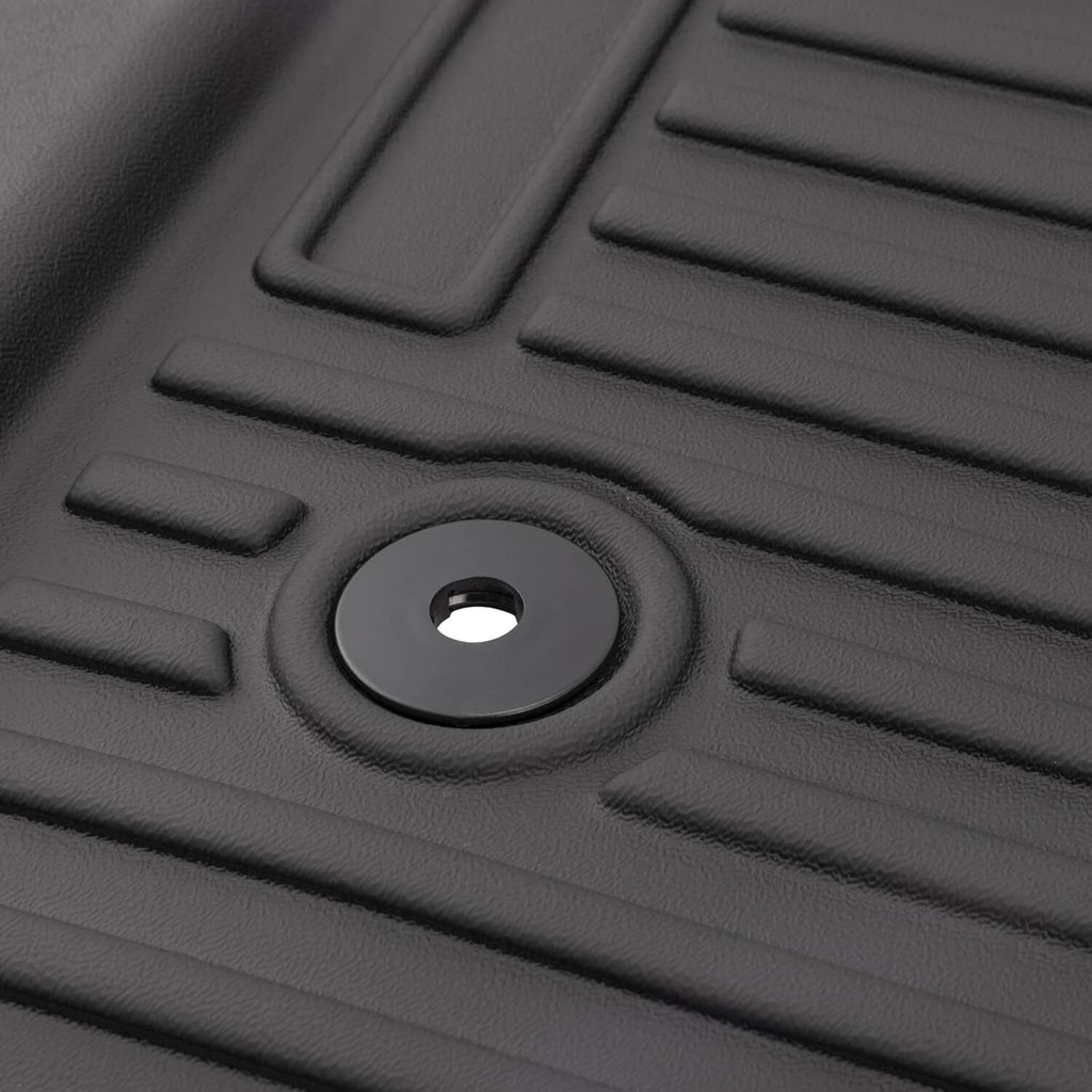 Close-up of black floor mat liner texture with round fastener opening