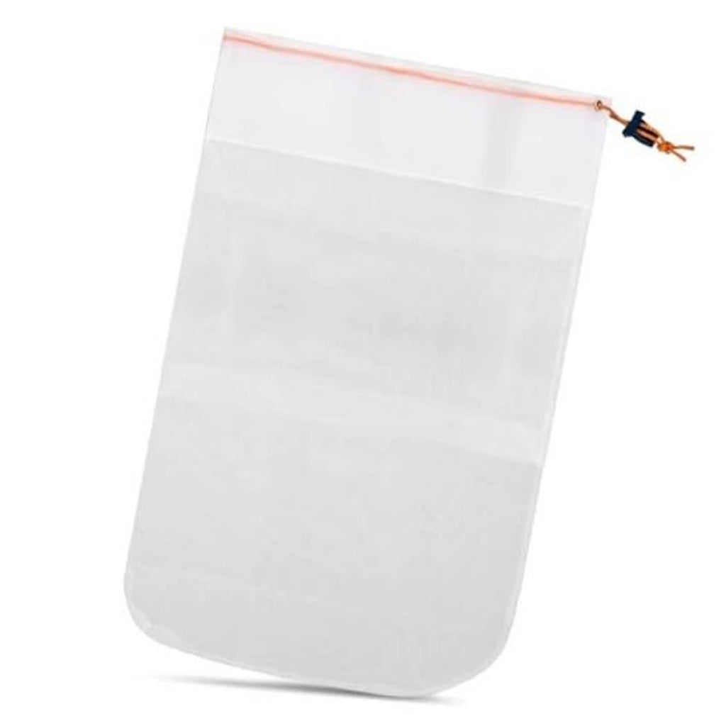 White fine mesh replacement debris bag with orange drawstring for pool cleaner