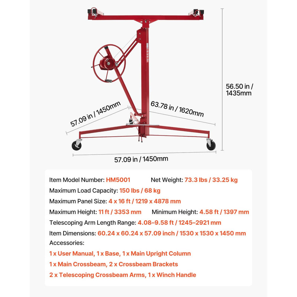 Red drywall lifter hoist with telescoping arm, winch handle, and caster base