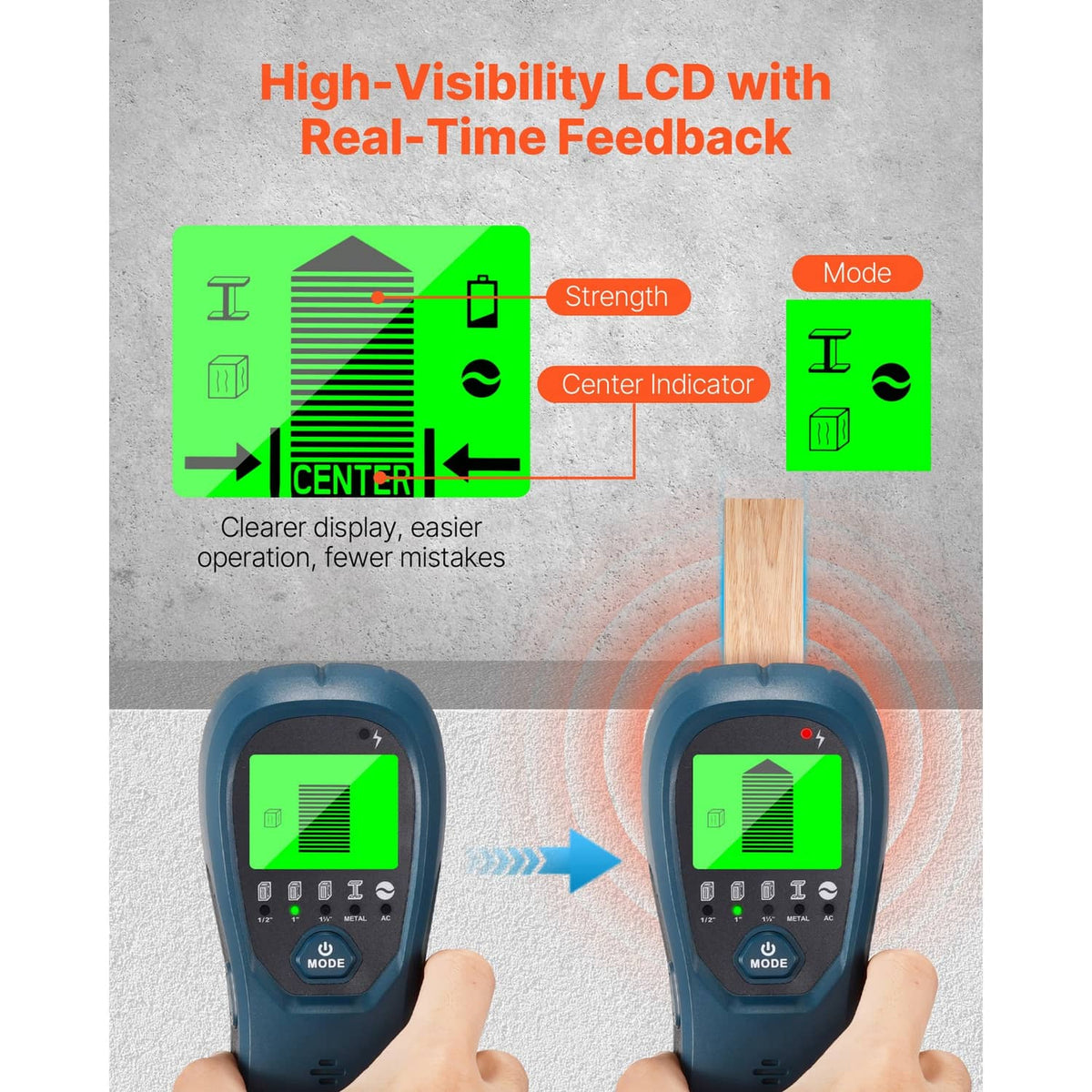 Blue electronic wall scanner with high-visibility green LCD and center indicator