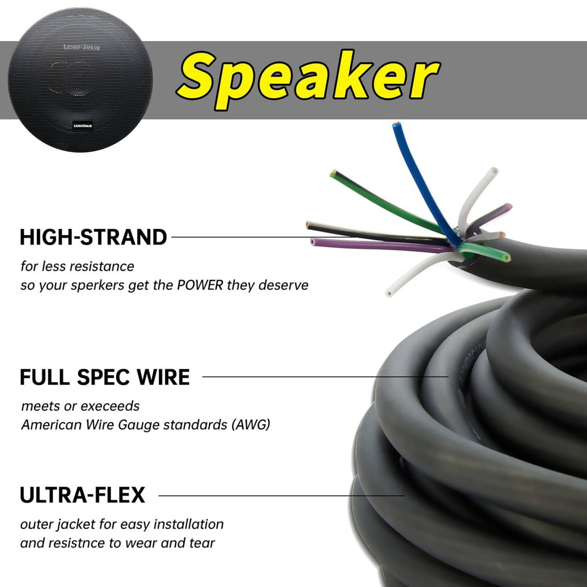 Coiled black 9-conductor speaker wire with exposed color-coded conductors