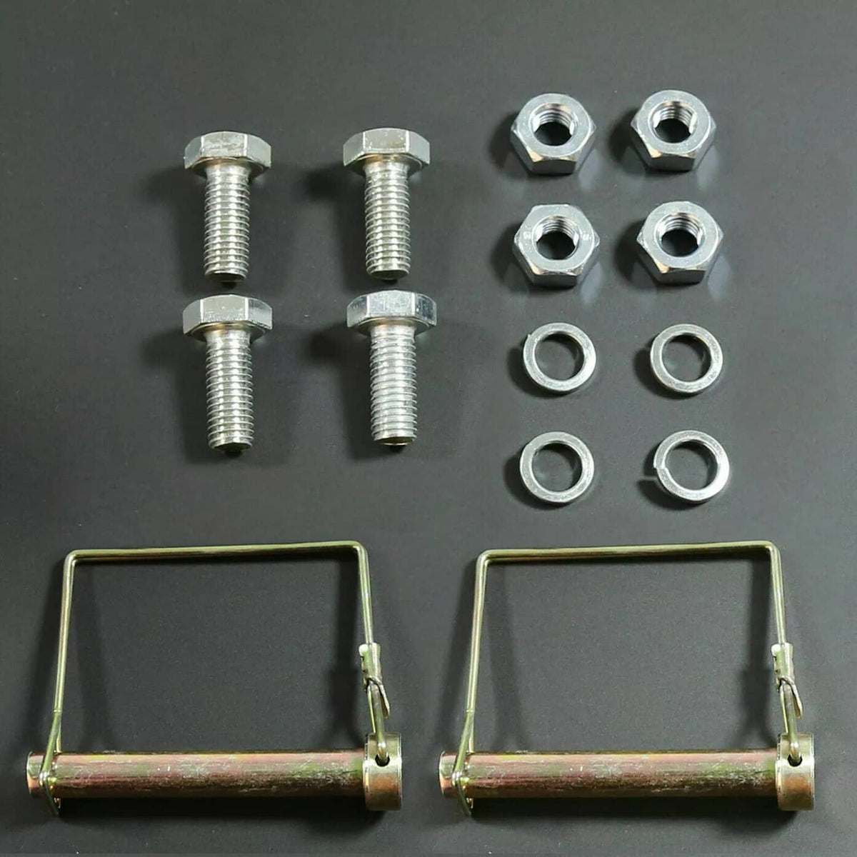 Set of black mounting brackets with hardware kit: bolts, nuts, and washers