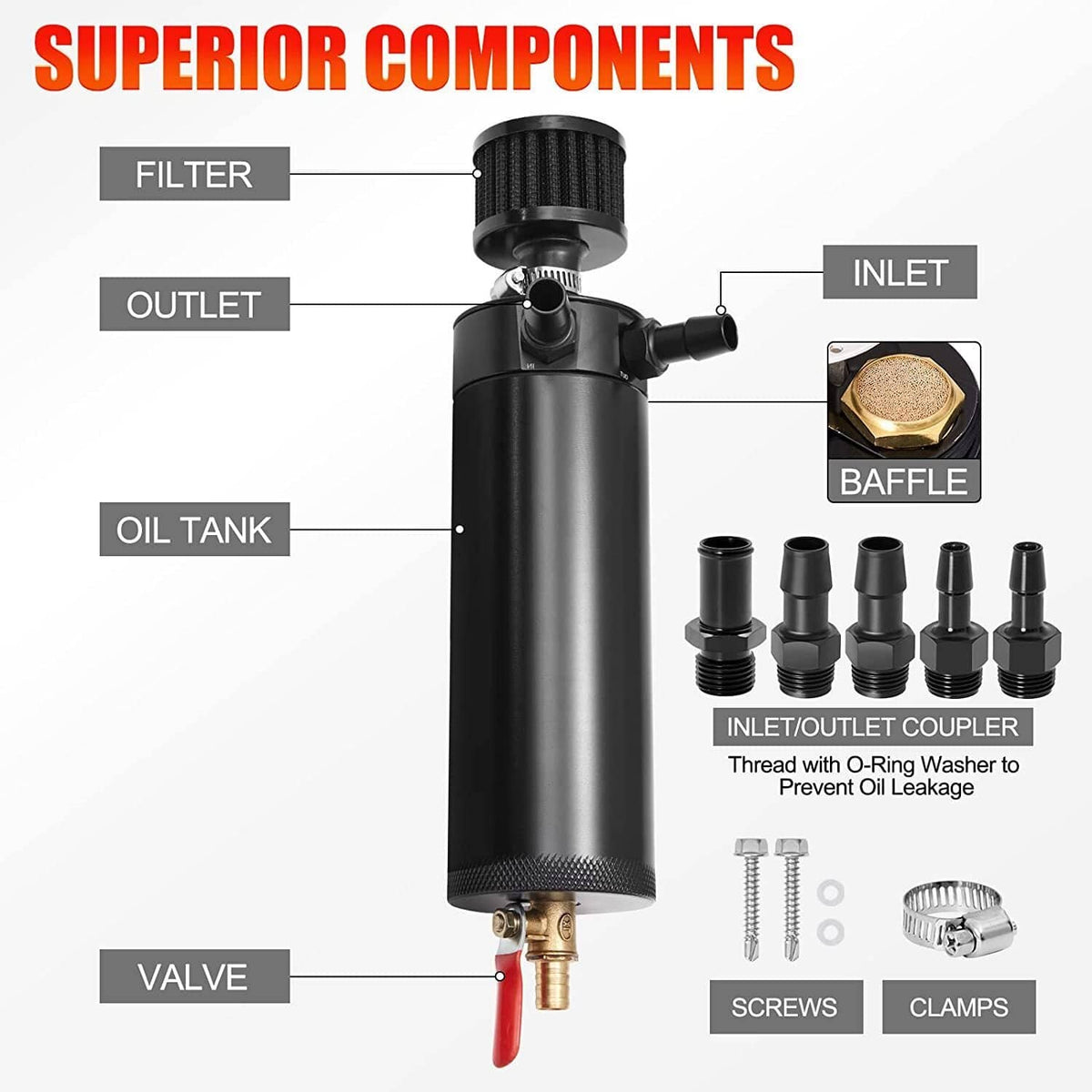 Oil catch can assembly with filter, baffle, inlet/outlet coupler, clamps, and screws