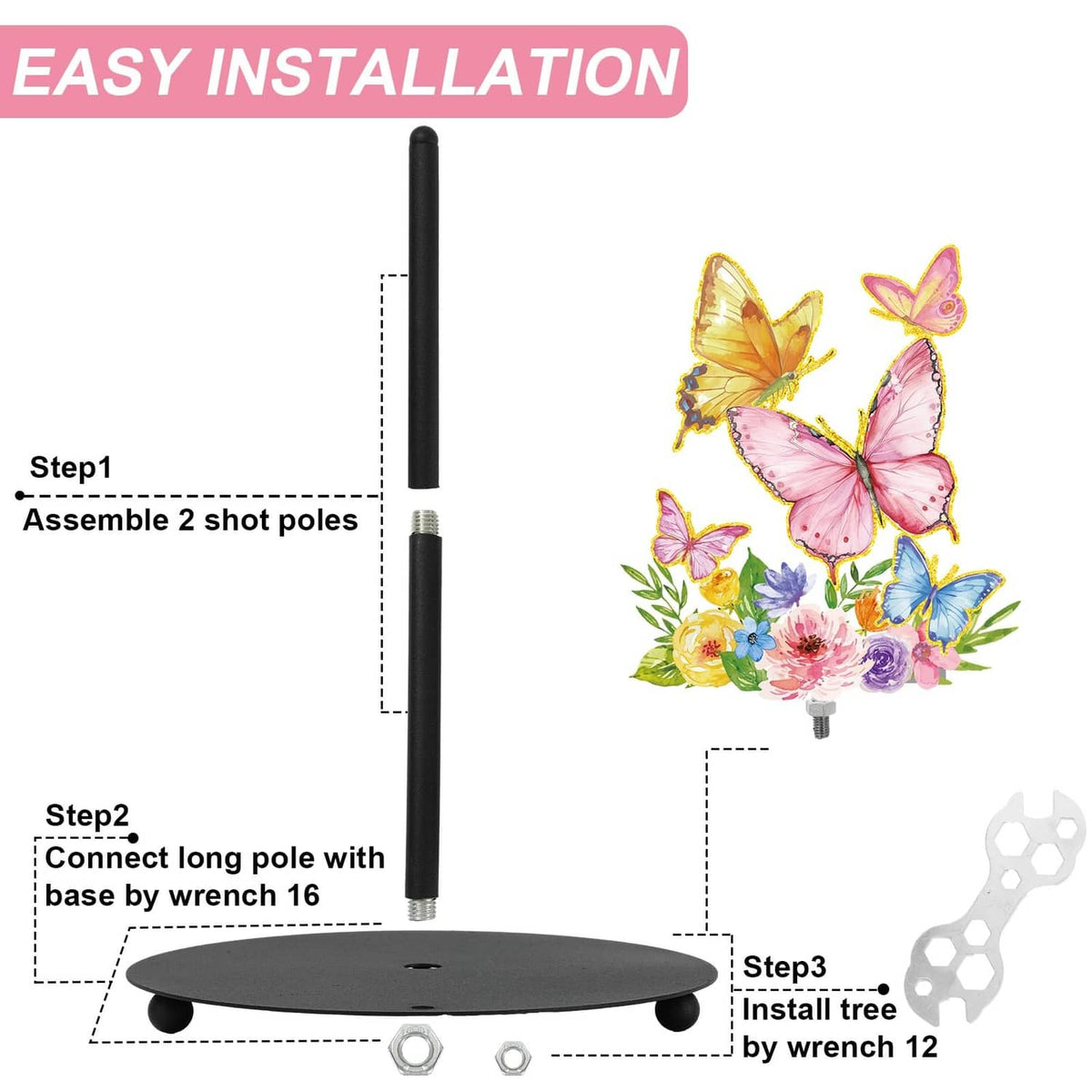 Paper towel holder assembly parts: black poles and weighted base for butterfly design unit