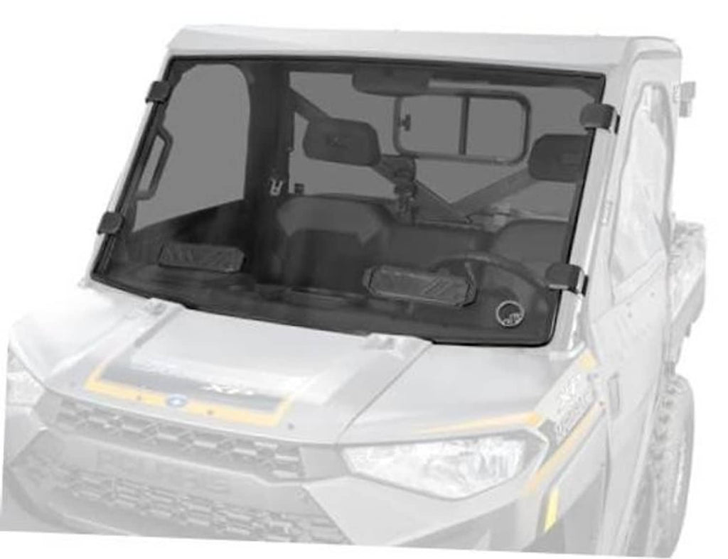 Dark-tinted full windshield with side mounts on a Polaris Ranger 1000 cab
