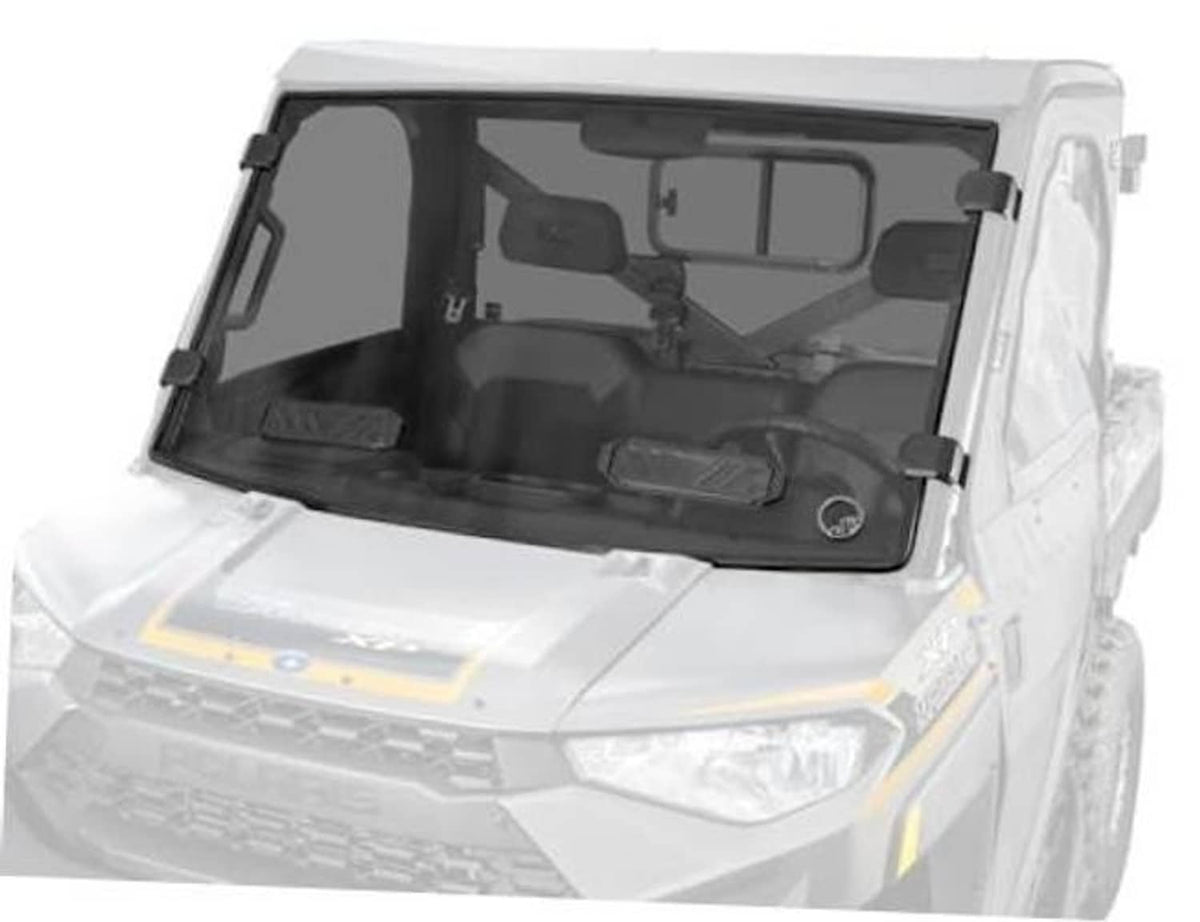 Dark-tinted full windshield with side mounts on a Polaris Ranger 1000 cab