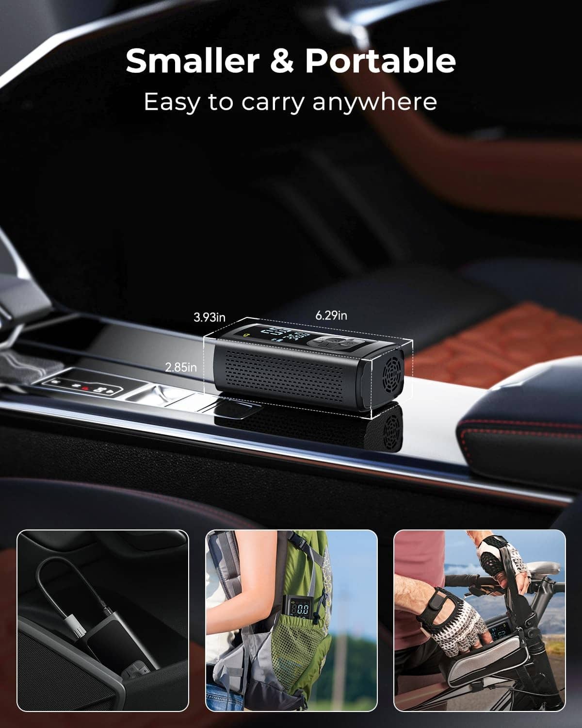 Compact portable air compressor stored in car console with clear size proportions shown