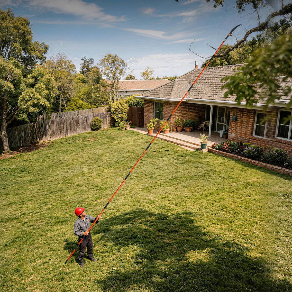 Extendable pole saw pruner with orange pole cutting high branches over lawn