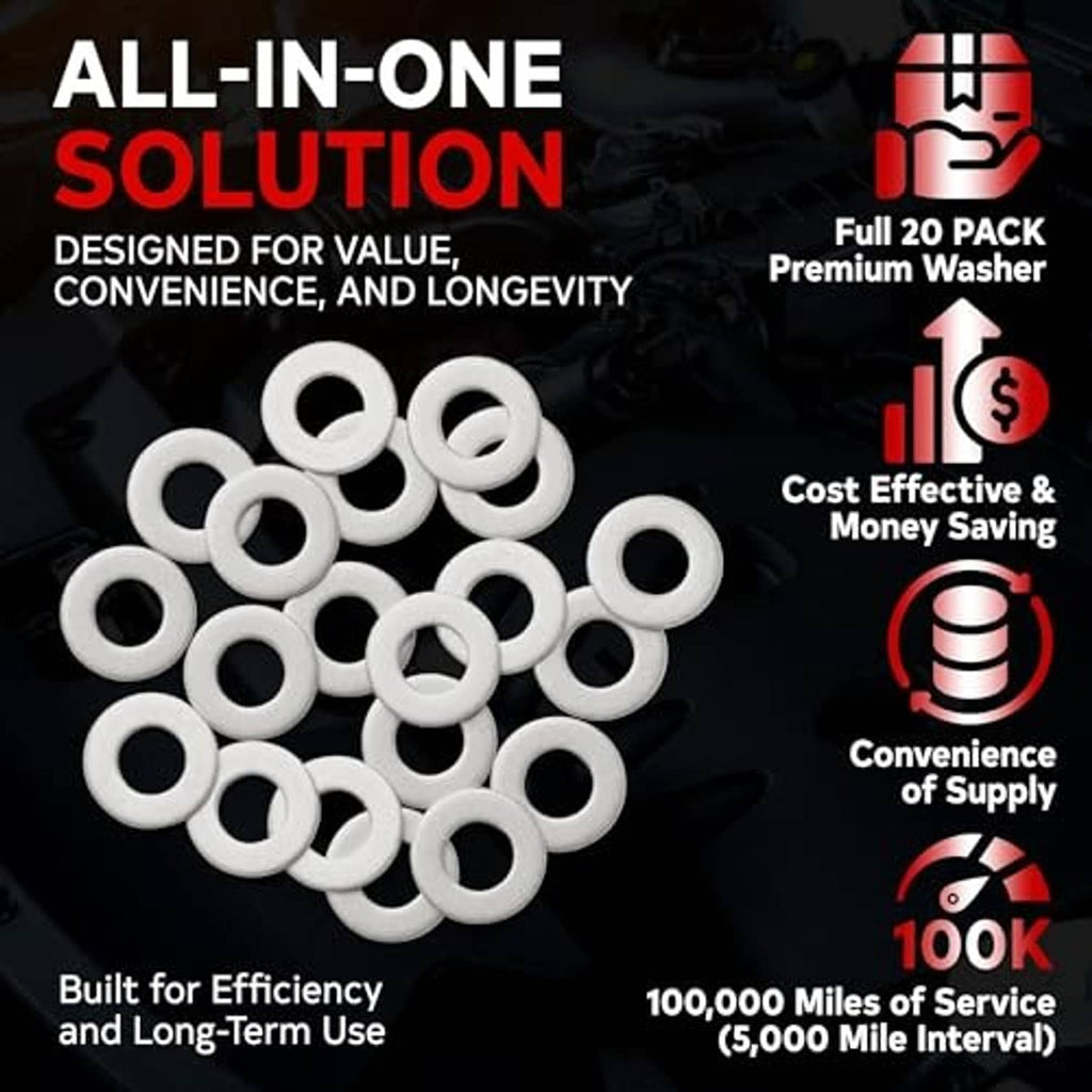 All-in-one bulk pack of oil drain plug crush washers, multiple round metal gasket rings