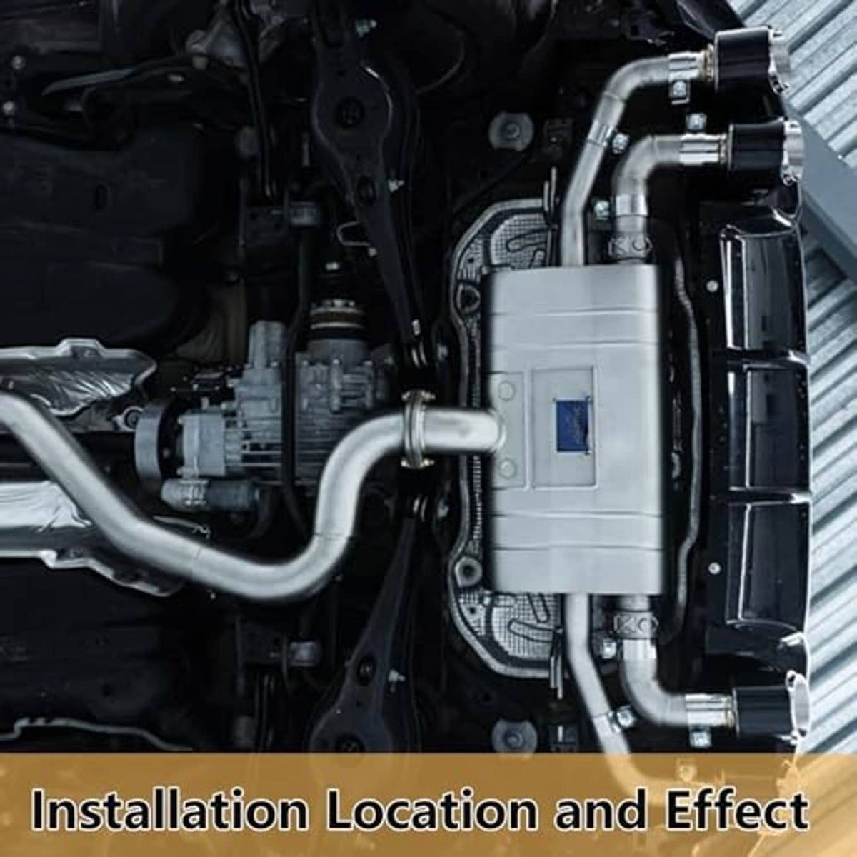 Installed 45-degree stainless steel exhaust tube in engine bay with dark outlet