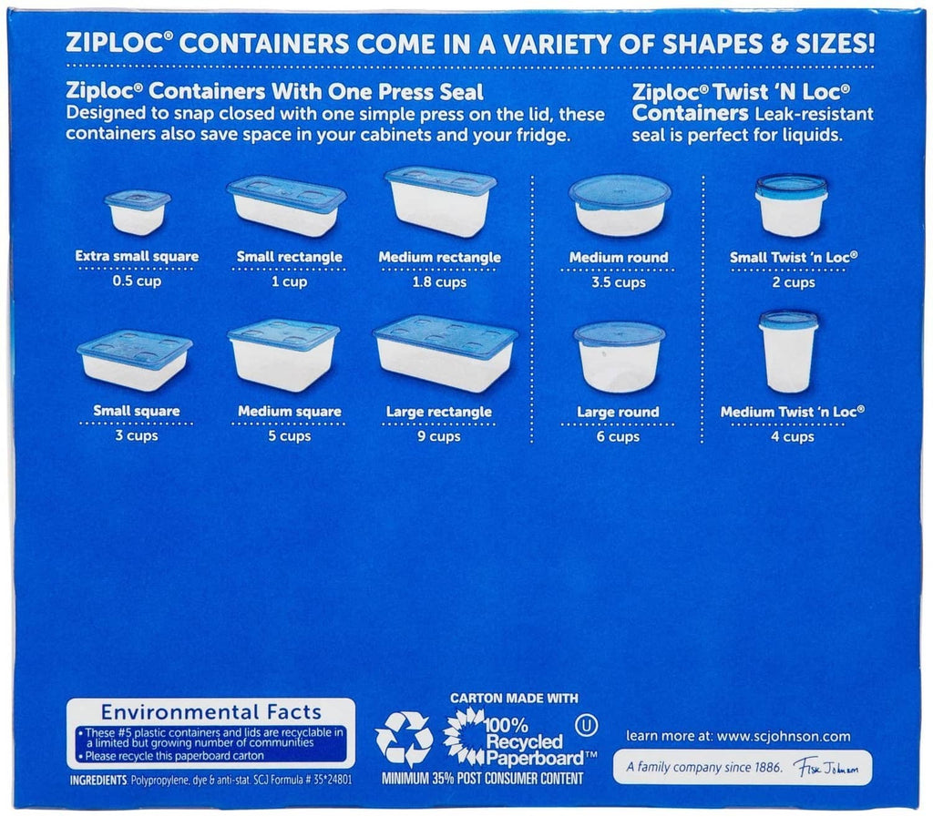 Assorted Ziploc container shapes and sizes shown on package back panel