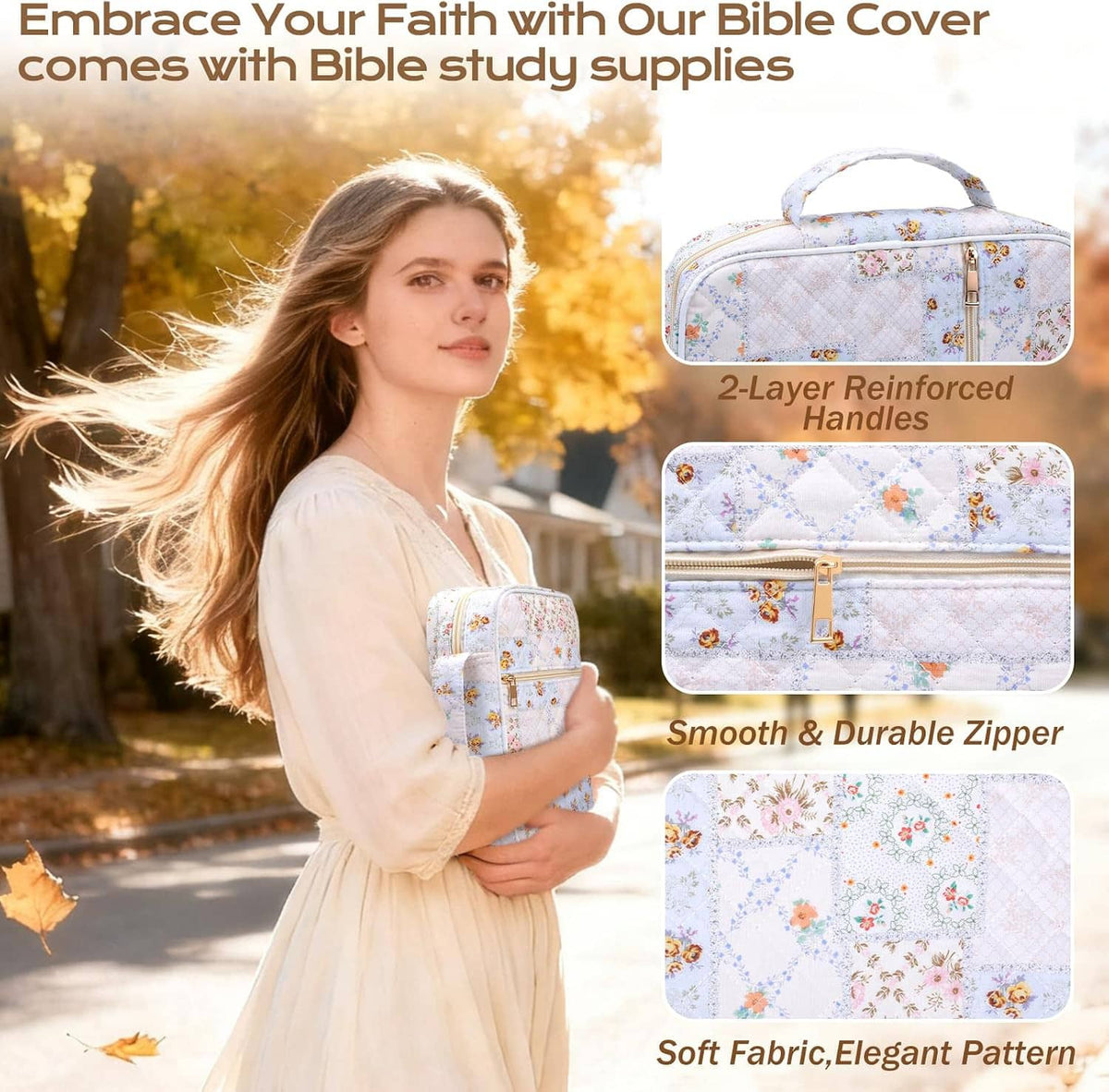 Floral Bible cover case with reinforced handles and smooth zippered closure