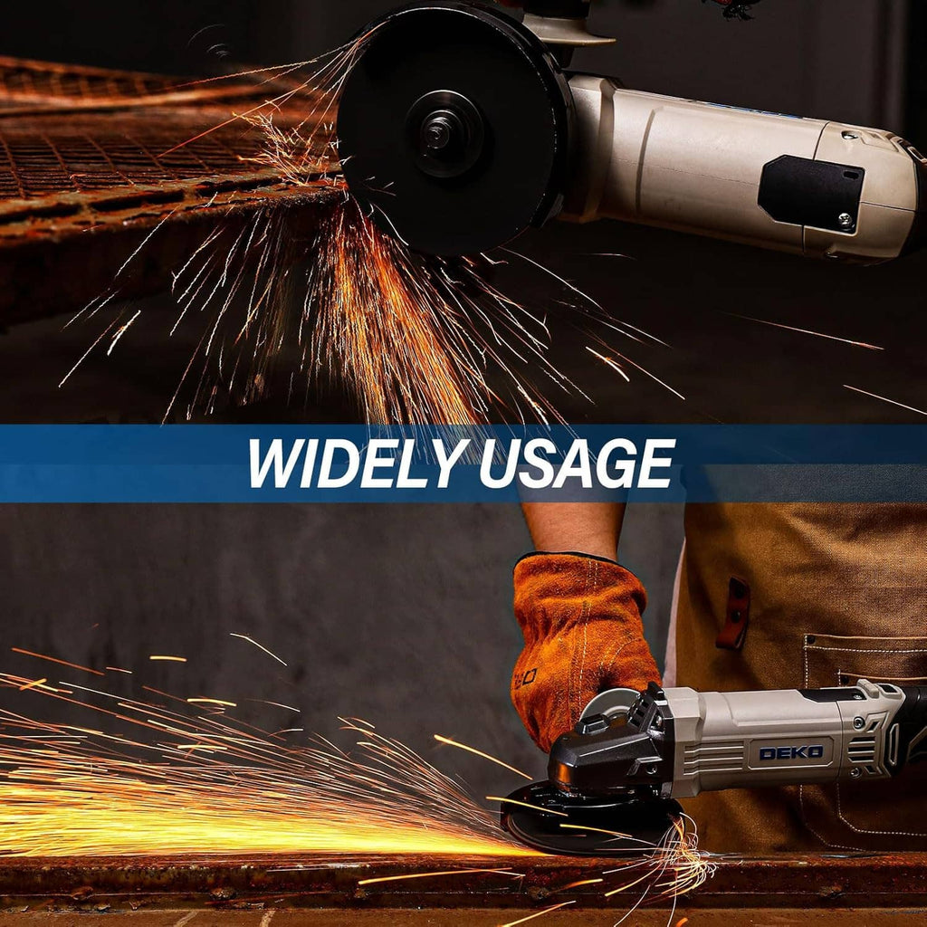 DEKO corded angle grinder cutting/grinding with sparks from the wheel