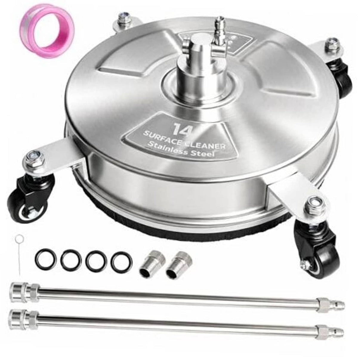 14-inch stainless steel pressure washer surface cleaner with swivel casters and skirt