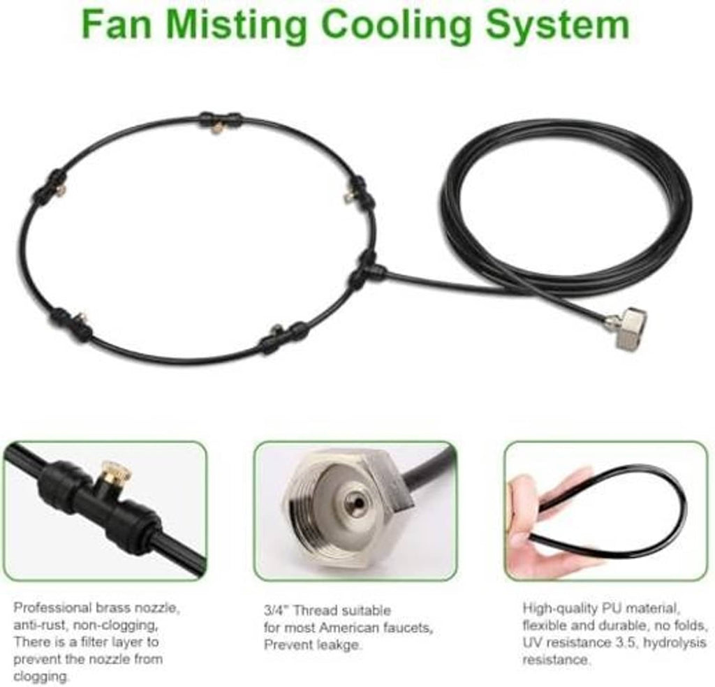 Fan misting cooling system kit with black tubing and brass water connector