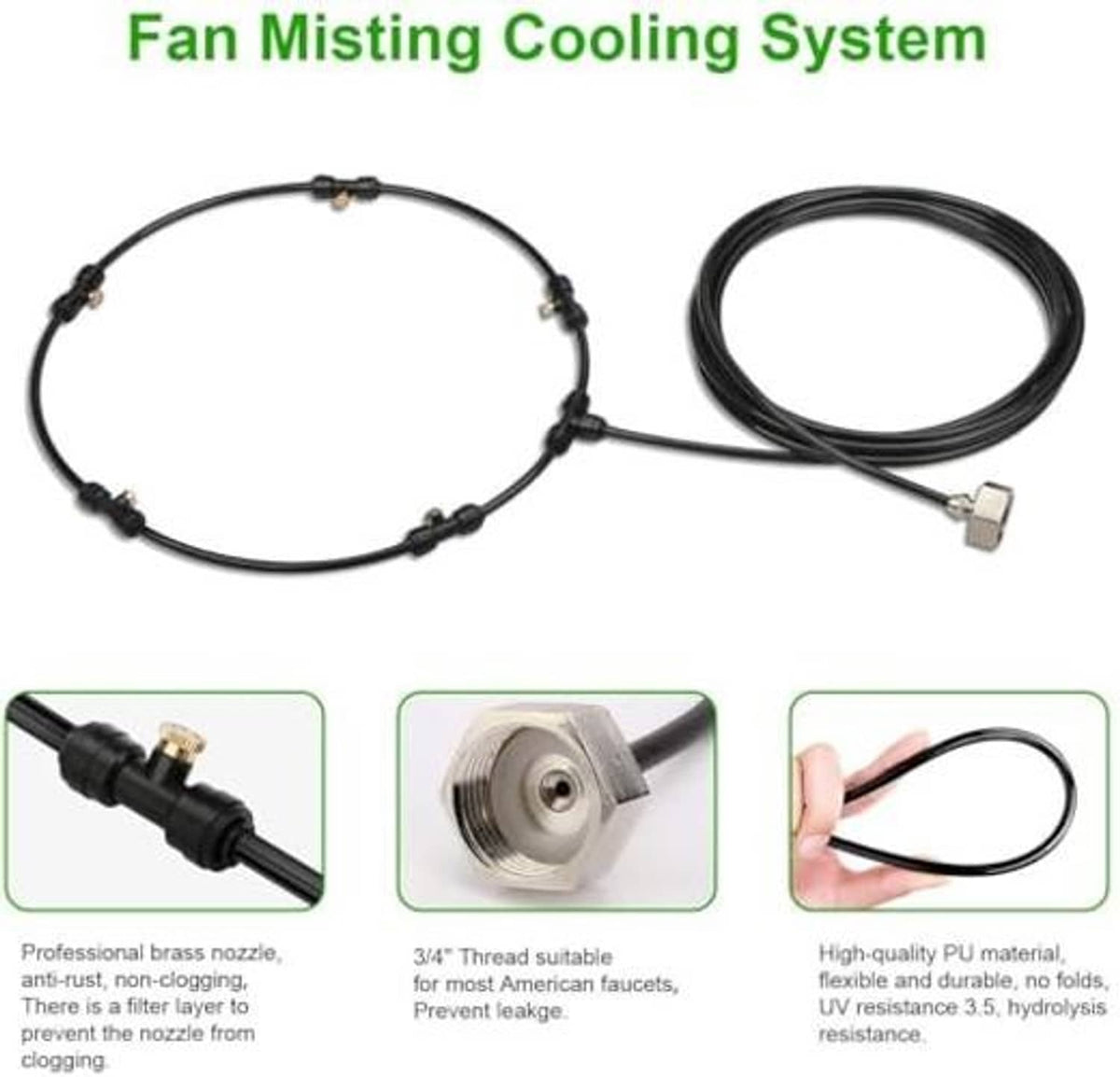 Fan misting cooling system kit with black tubing and brass water connector