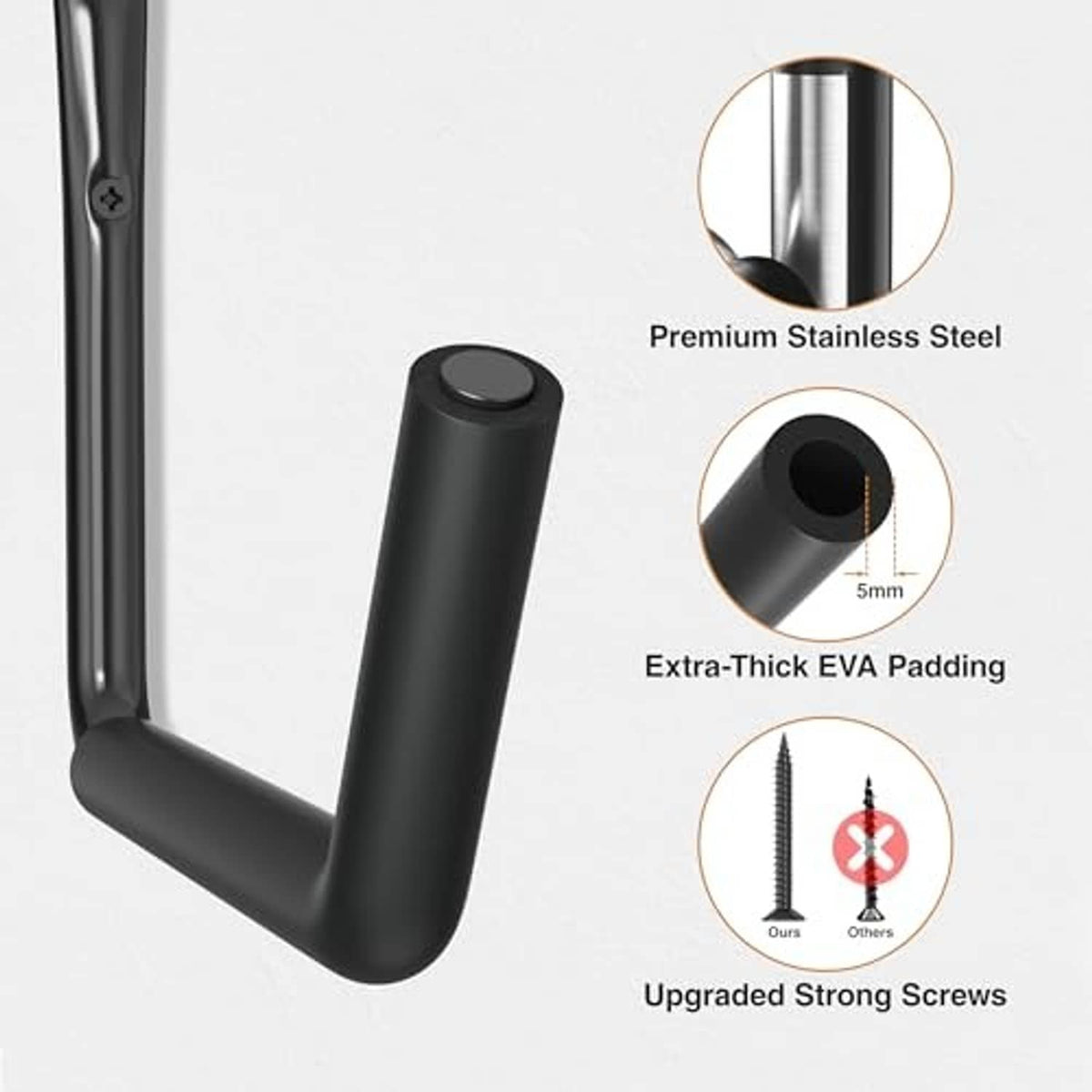 Black wall hook with thick EVA padding and strong screws; close-up view
