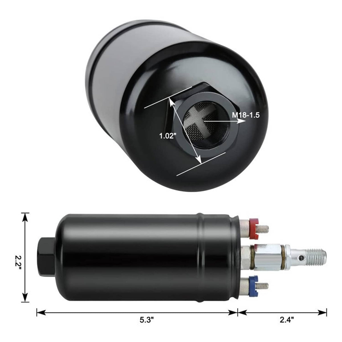 Black inline electric fuel pump with inlet and outlet ports on metal fittings