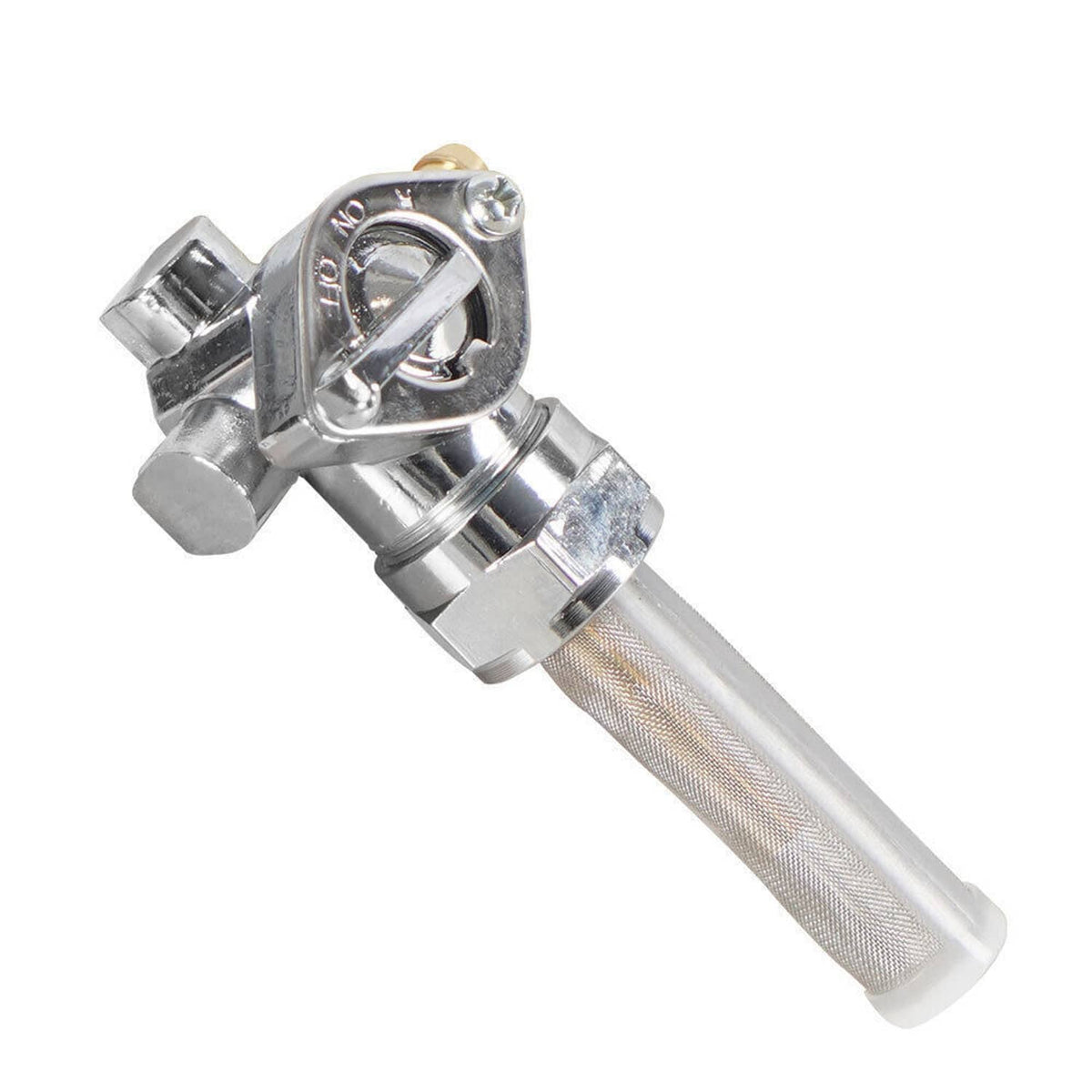 Fuel valve petcock with mesh filter housing and lever body, side spigot connection