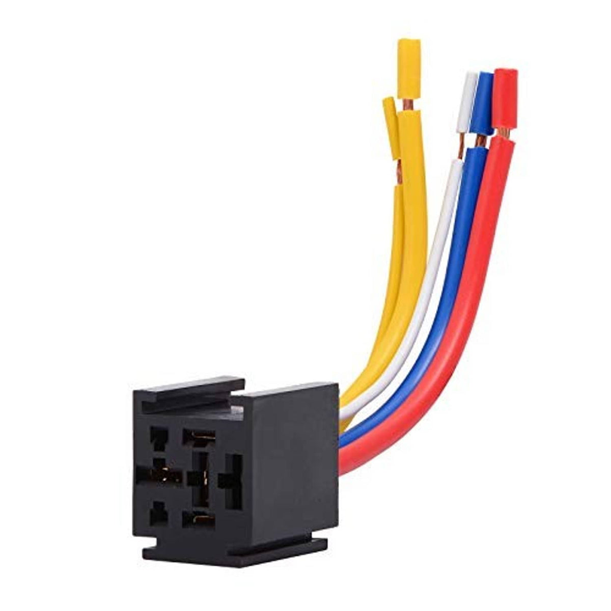 5-pin relay module with attached multi-color wire harness and connector base
