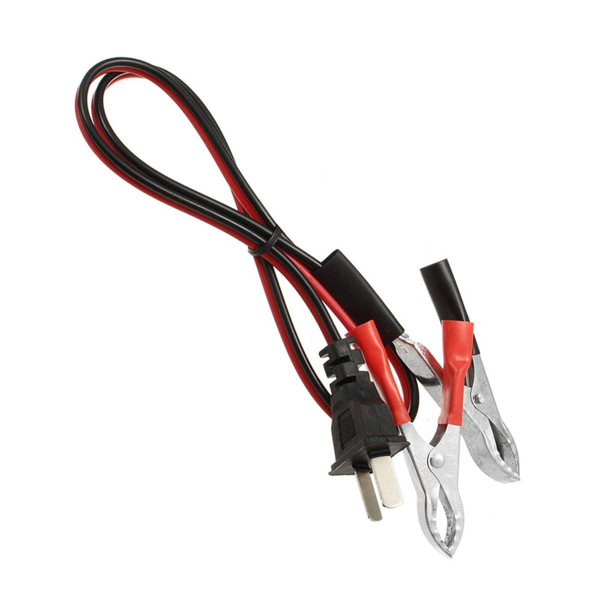 12V charging cord cable with red-and-black wire, alligator clips, and twin prong plug