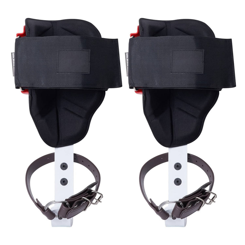 Pair of tree climbing spikes leg guards with black padding and white support pieces