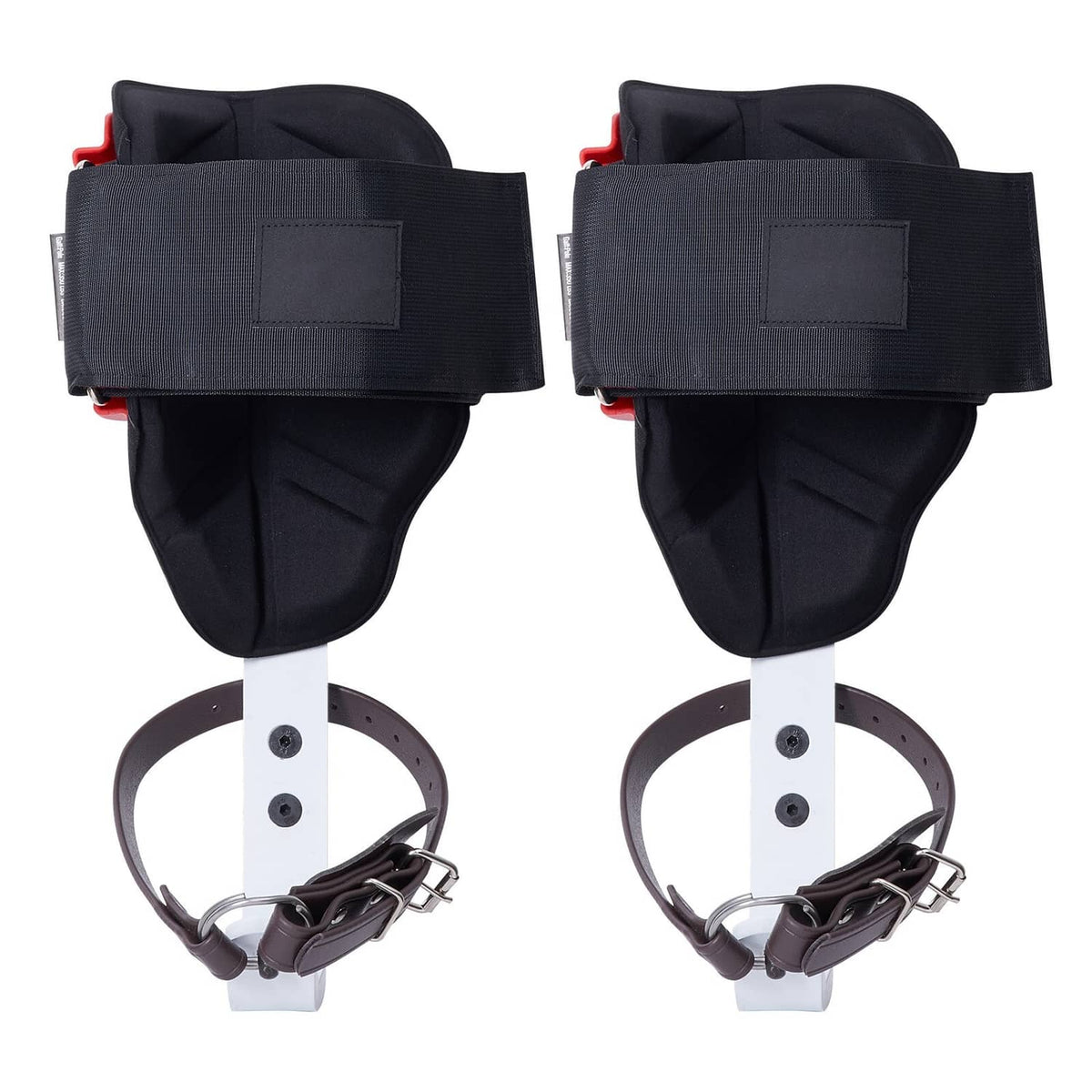 Pair of tree climbing spikes leg guards with black padding and white support pieces