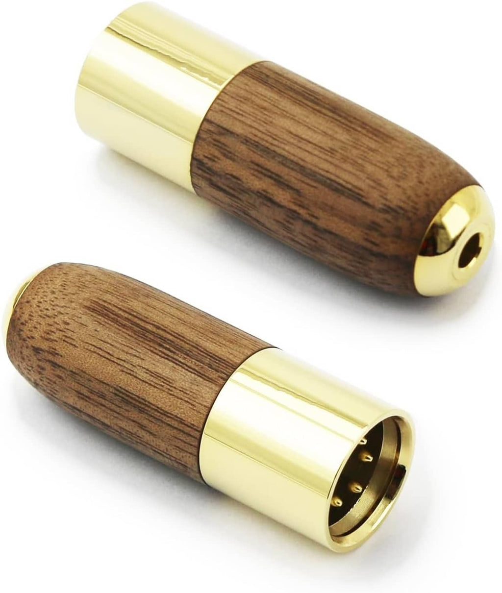 Walnut wood-shell connector with gold metal finish, end of the 4.4mm-to-XLR adapter