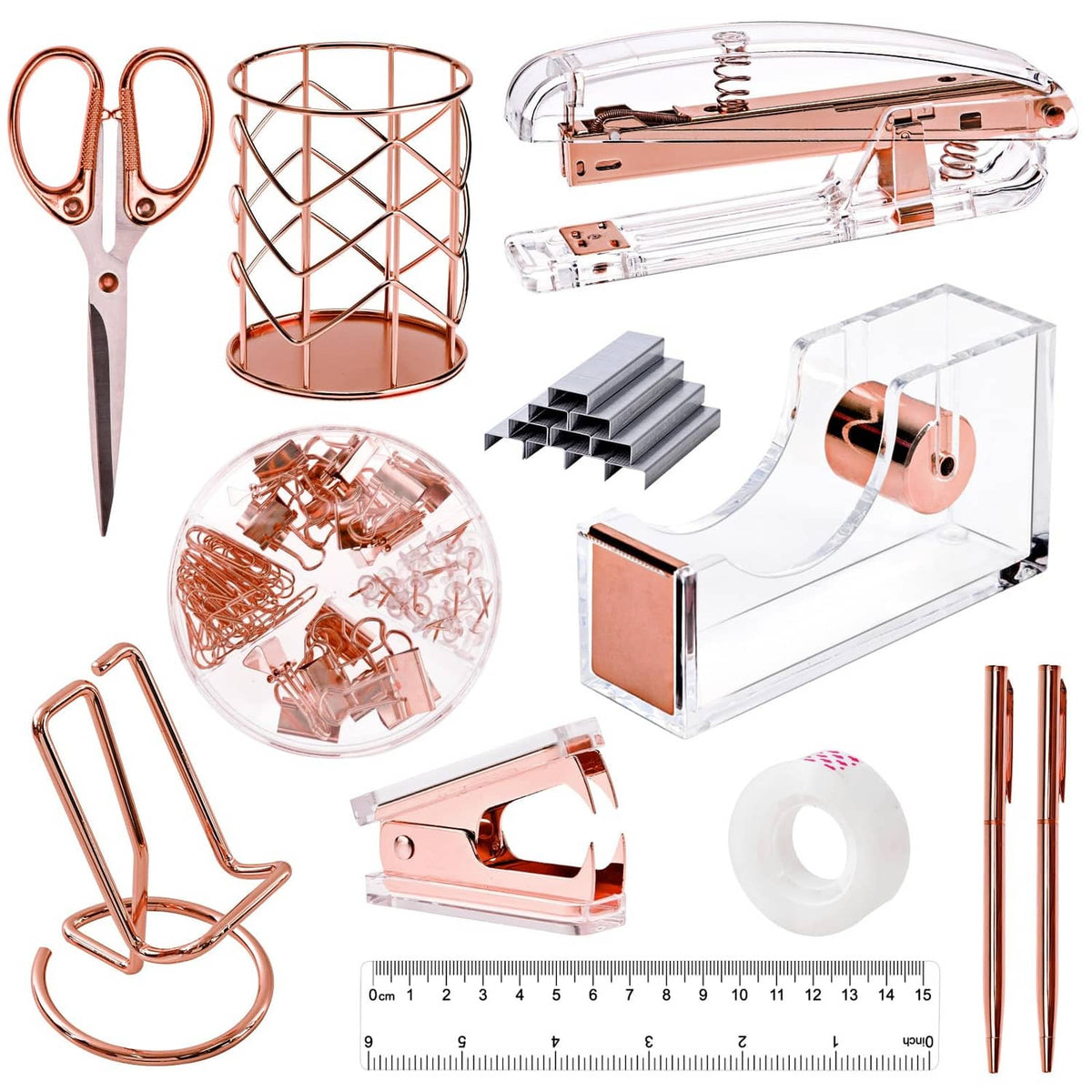 Rose gold desk accessory set: scissors, stapler, clips, tape dispenser and ruler
